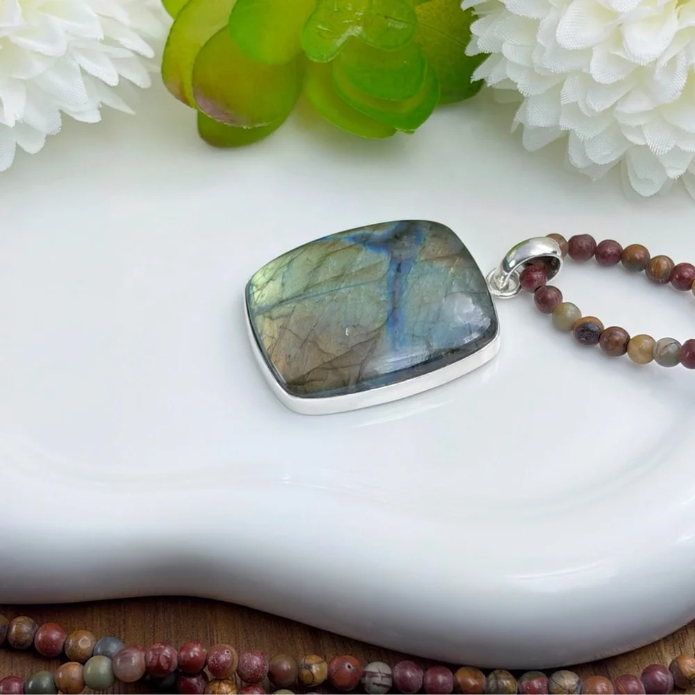 Southwest Pure Sterling Silver 925 Flash Labradorite Pendant Jasper Necklace